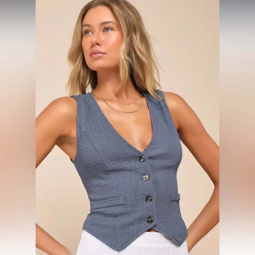True Charm Dark Blue Textured Lace-Up Sleeveless Vest Top Large NWT - Picture 1 of 6